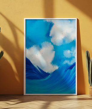 Olas oceánicas hermosas bajo un cielo nublado en una obra de arte