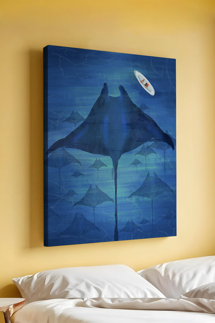 Serene underwater scene with manta rays and a lone kayak