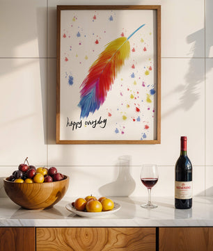 Colorful feather with inspirational message on abstract paint splatter background