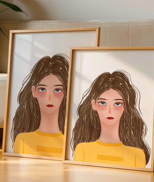 Illustrated portrait of a woman with long brown hair and expressive eyes