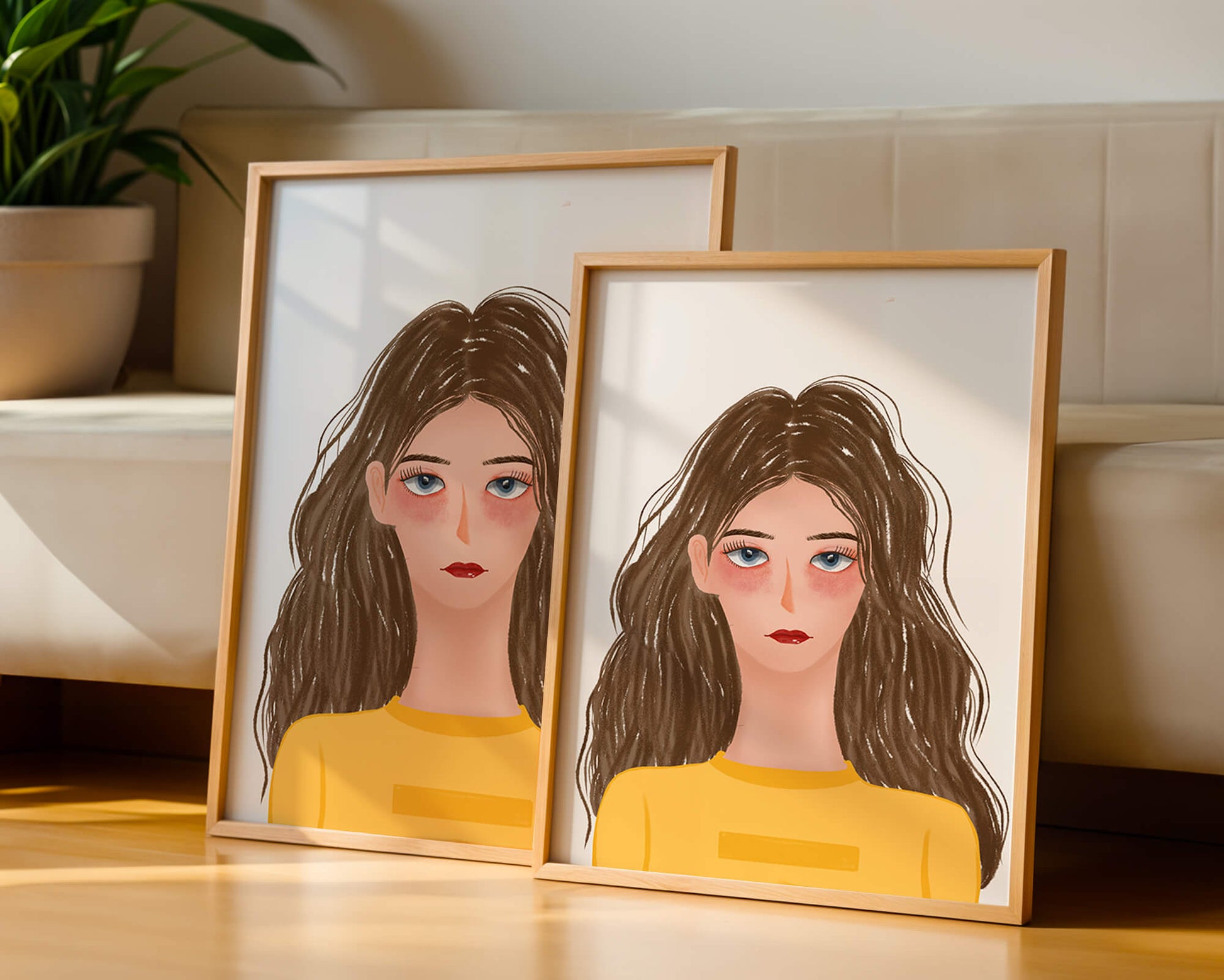 Illustrated portrait of a woman with long brown hair and expressive eyes