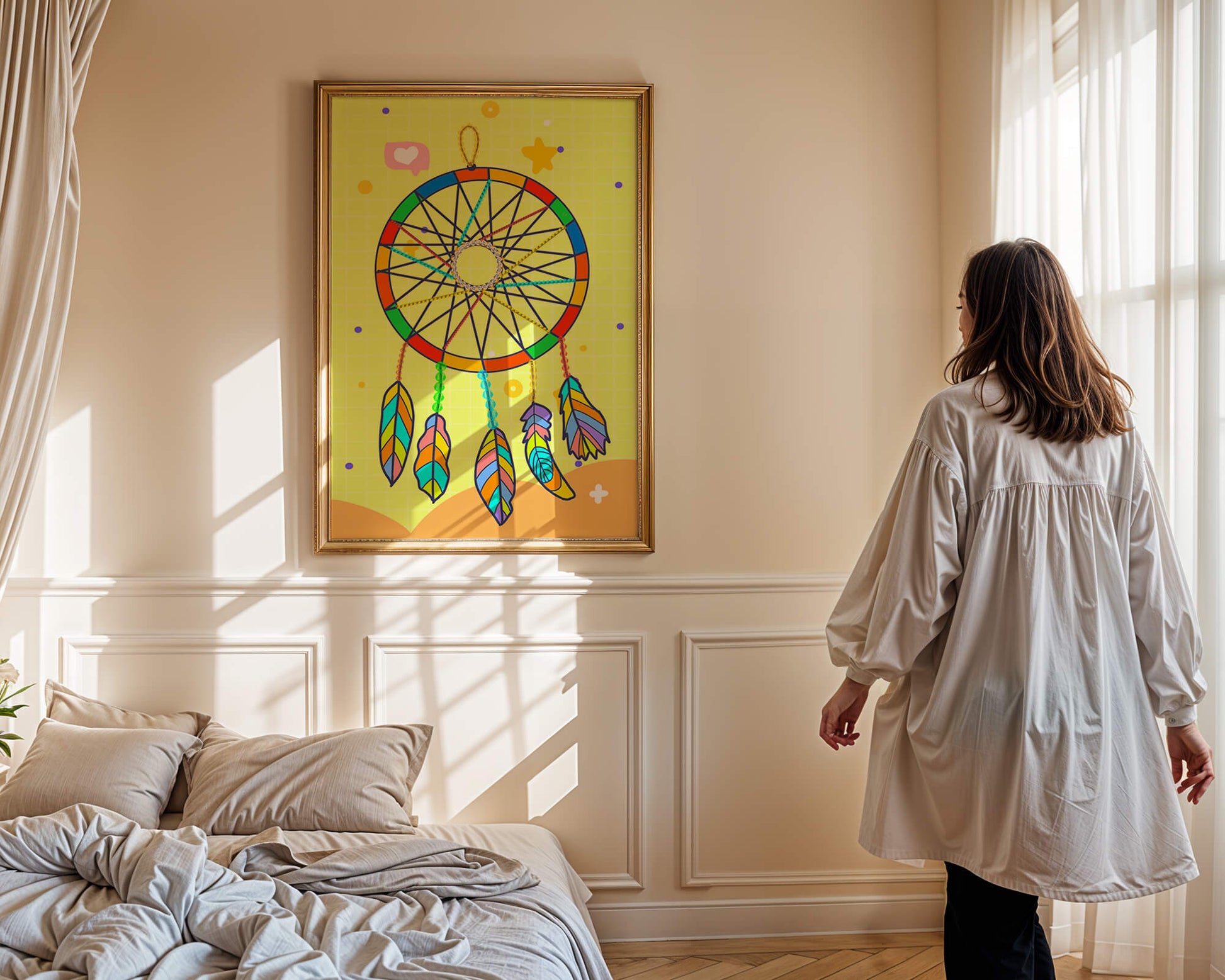 Colorful dreamcatcher on a vibrant yellow background