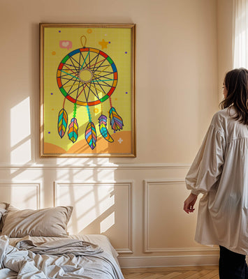 Colorful dreamcatcher on a vibrant yellow background