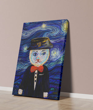 Whimsical cat character against starry night sky background