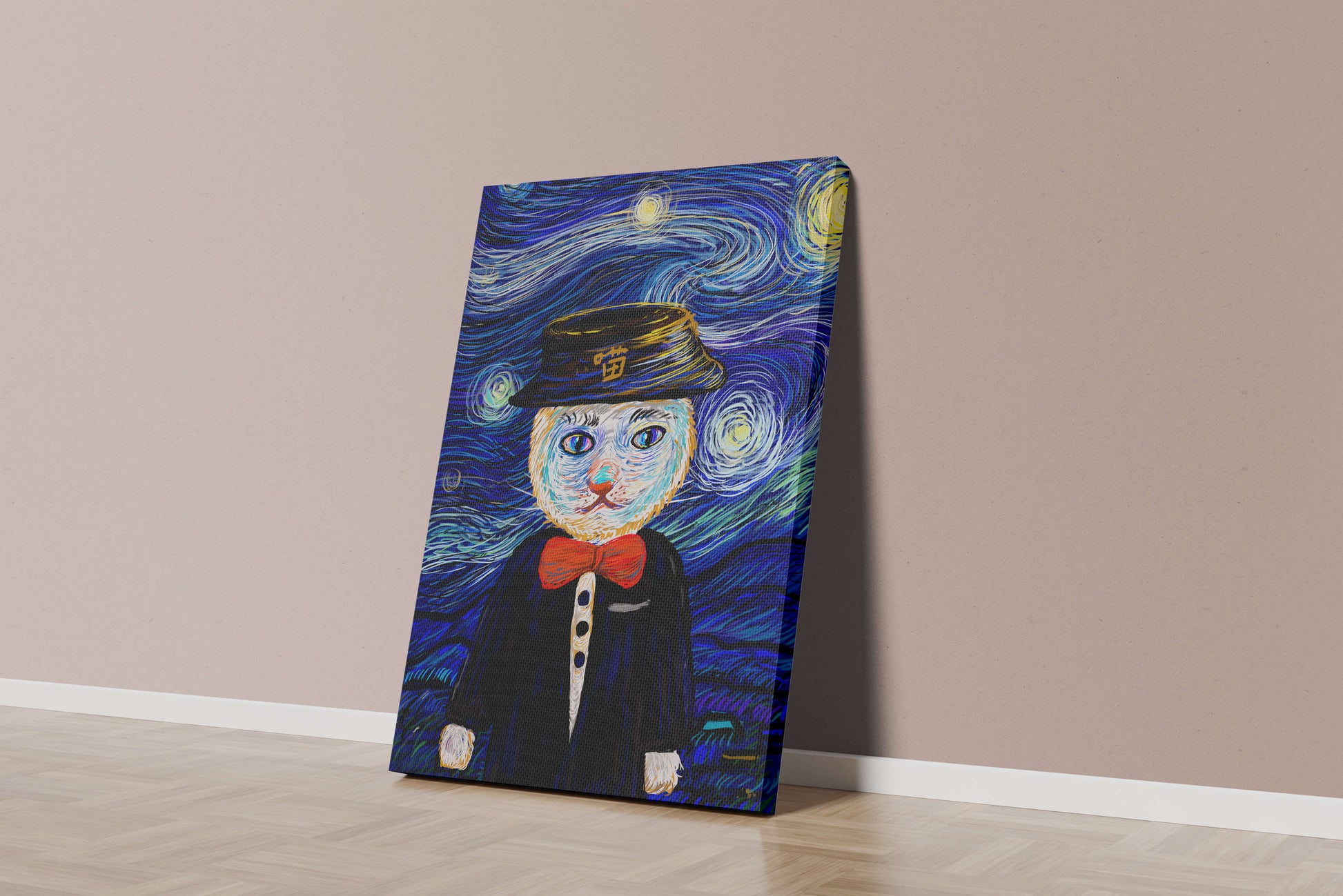 Whimsical cat character against starry night sky background