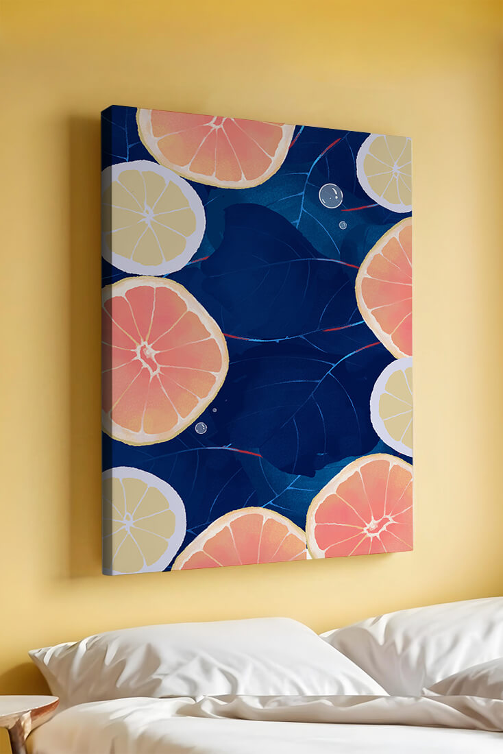 Frutas cítricas coloridas sobre fondo oscuro de hojas