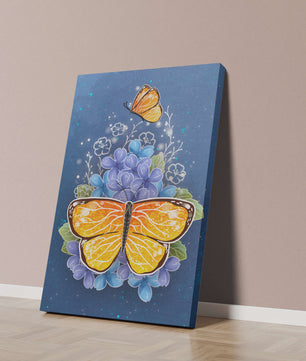 Colorida ilustración de mariposa y flores azules