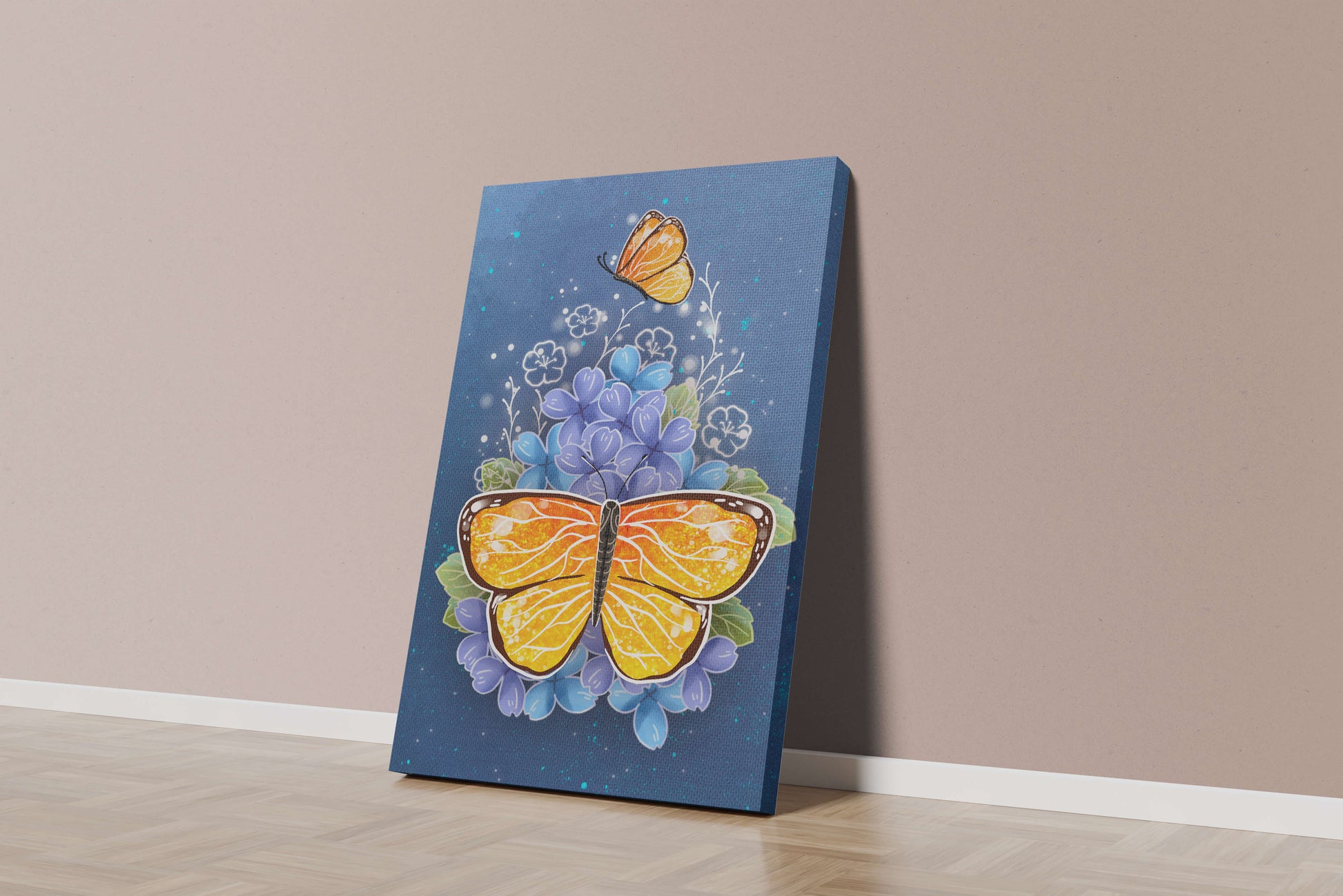 Colorida ilustración de mariposa y flores azules