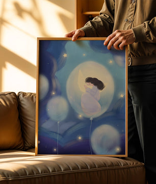 Dreamlike night sky with a girl on a moon enveloped by stars and balloons