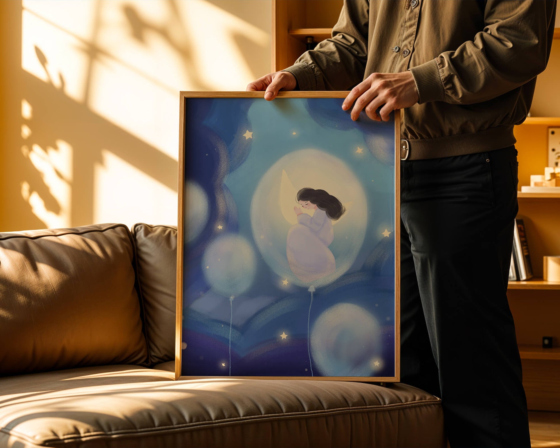 Dreamlike night sky with a girl on a moon enveloped by stars and balloons
