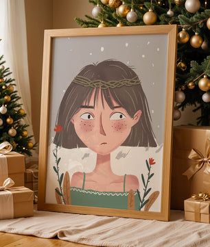 Illustrated girl with a braided crown, floral accents, and expressive features