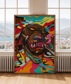 Cabeza de león abstracta y colorida con remolinos vibrantes
