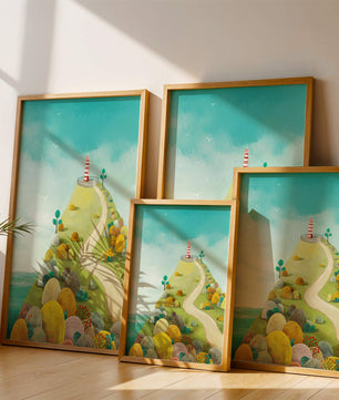 Charming lighthouse illustration on a scenic hilltop