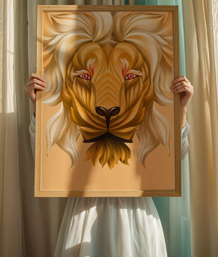 Lion Face with Intricate Golden Pattern and Flowing Mane