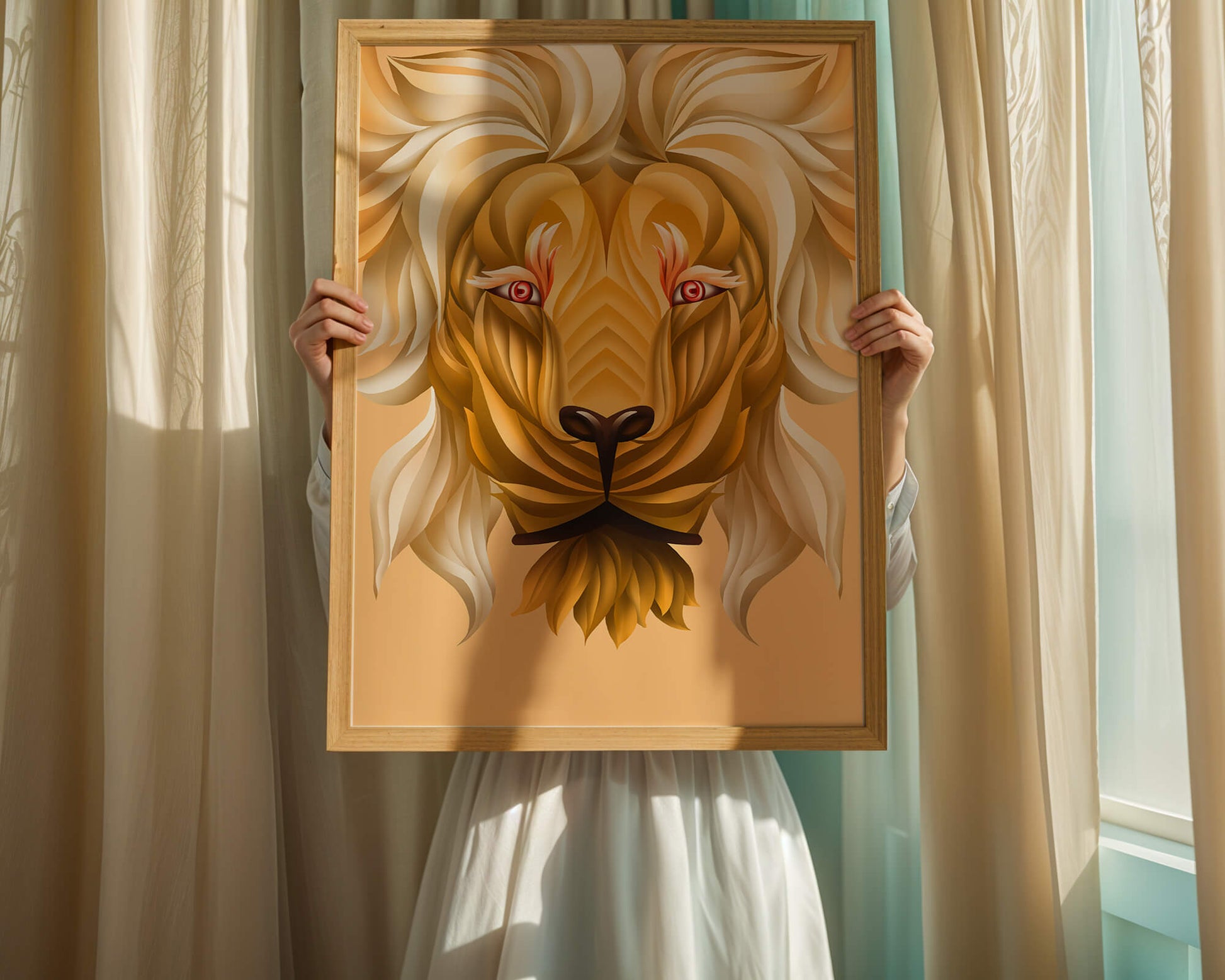 Lion Face with Intricate Golden Pattern and Flowing Mane
