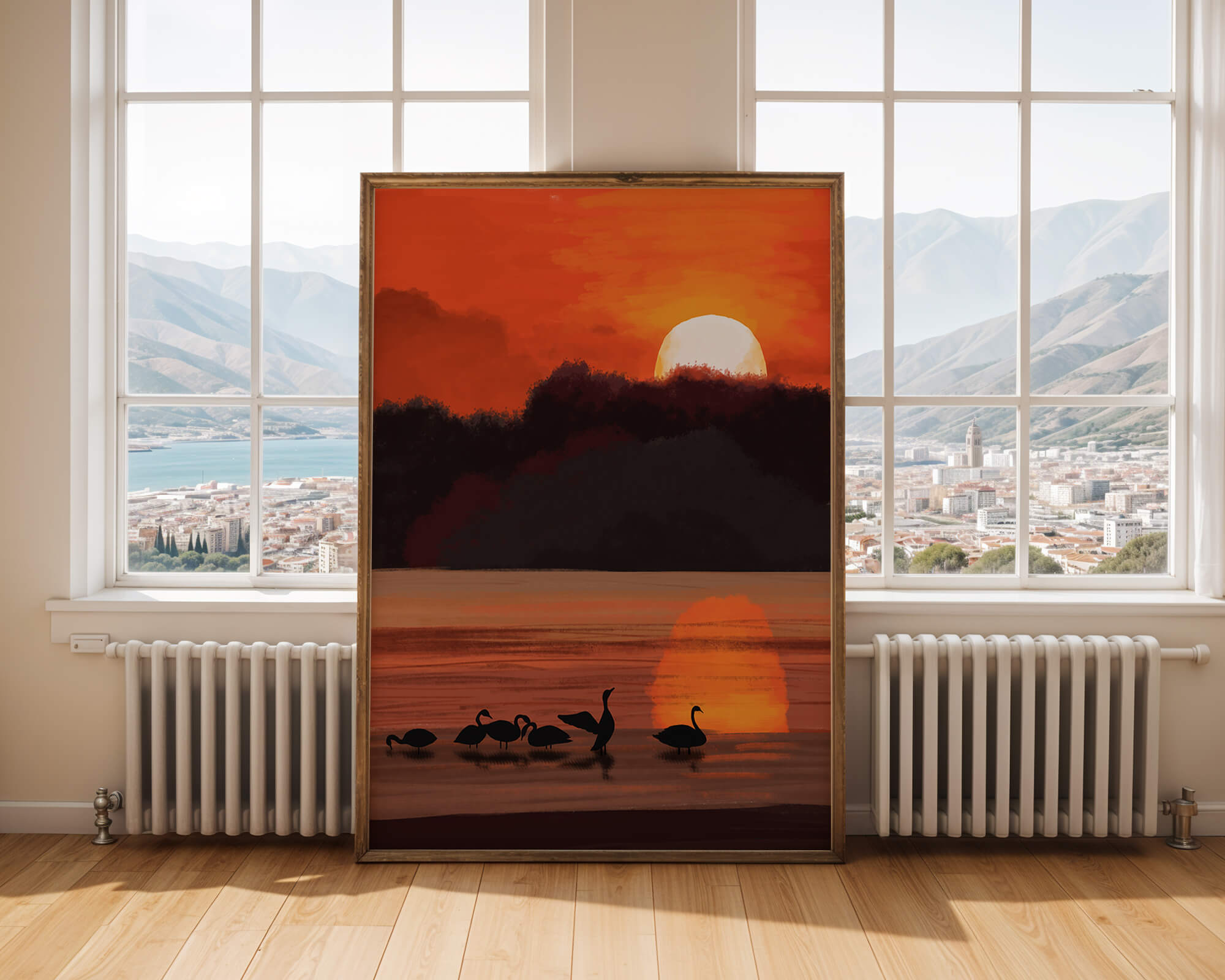 Serene sunset over a lake with silhouetted swans