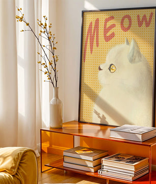 Profile View of a White Cat with Meow Text on Yellow Background