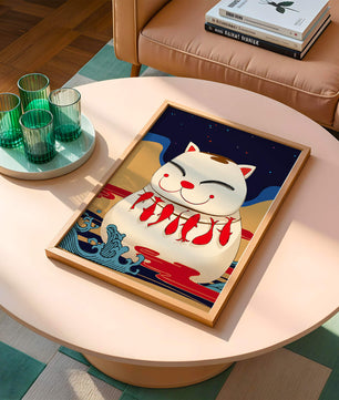 Japanese Lucky Cat with Fish Design in a Surreal Landscape