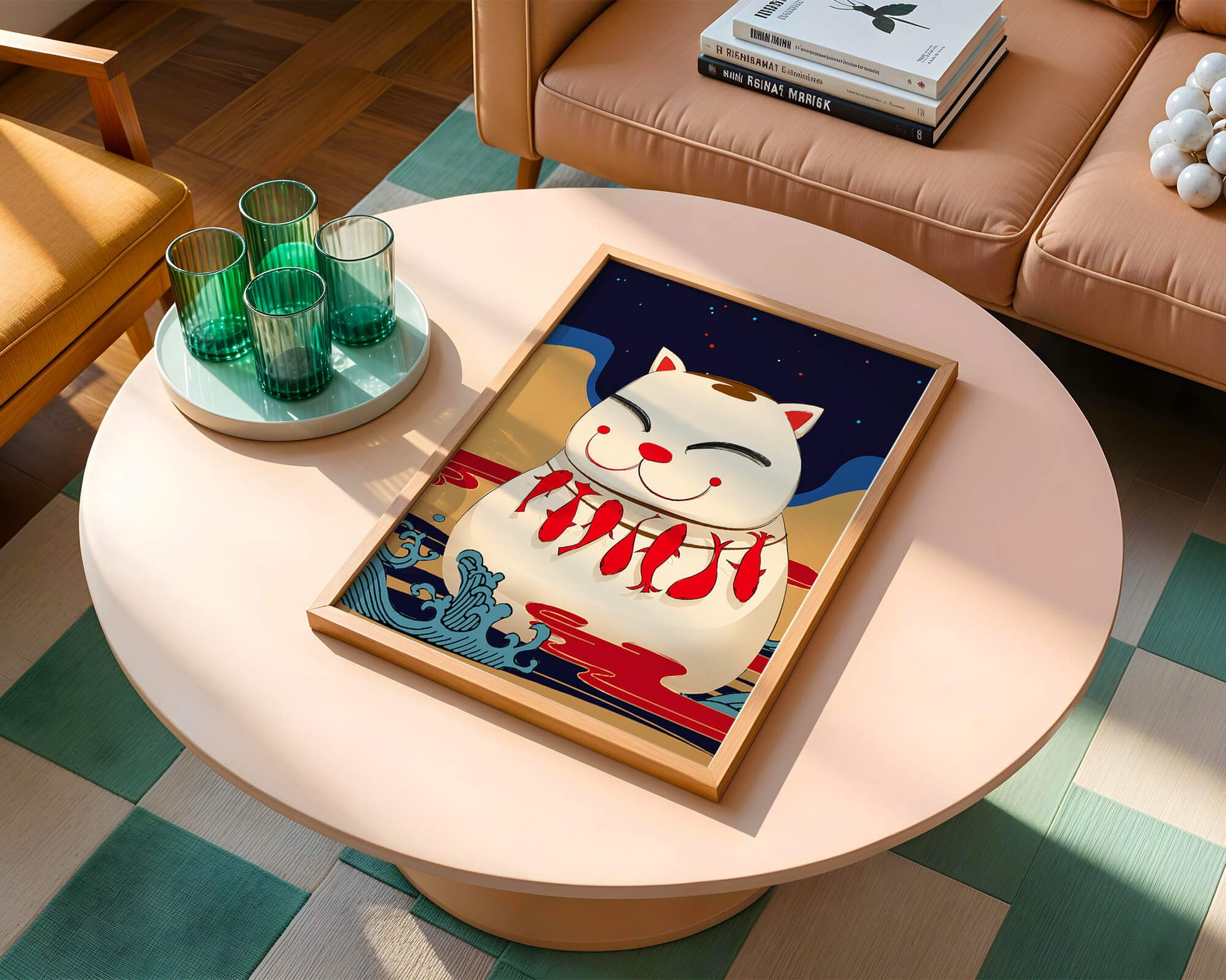 Japanese Lucky Cat with Fish Design in a Surreal Landscape