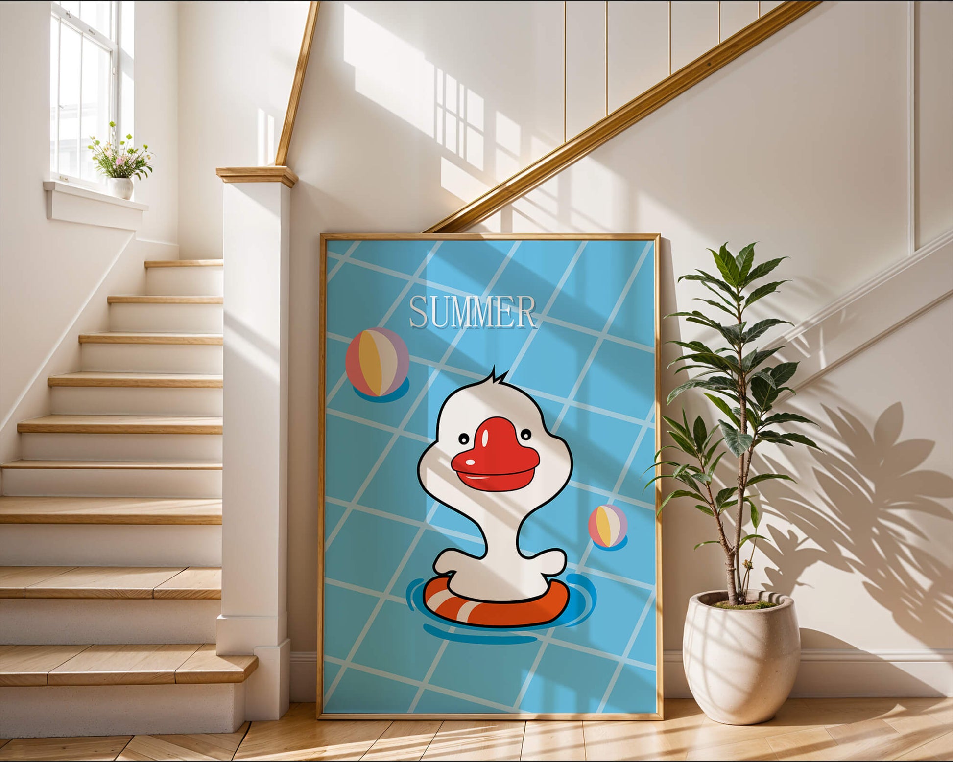 Cartoon duck swimming in a pool with summer beach elements