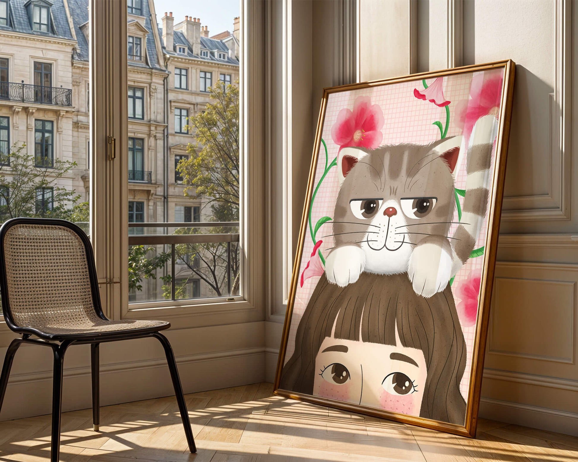 Illustration of a cat sitting on a person's head with pink flowers
