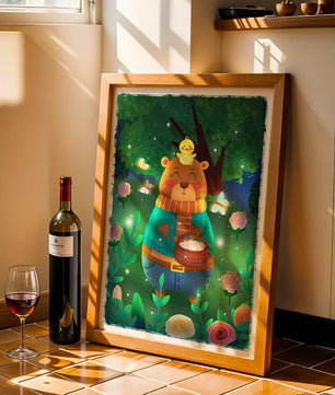 Charming bear in a colorful garden with flowers and fireflies