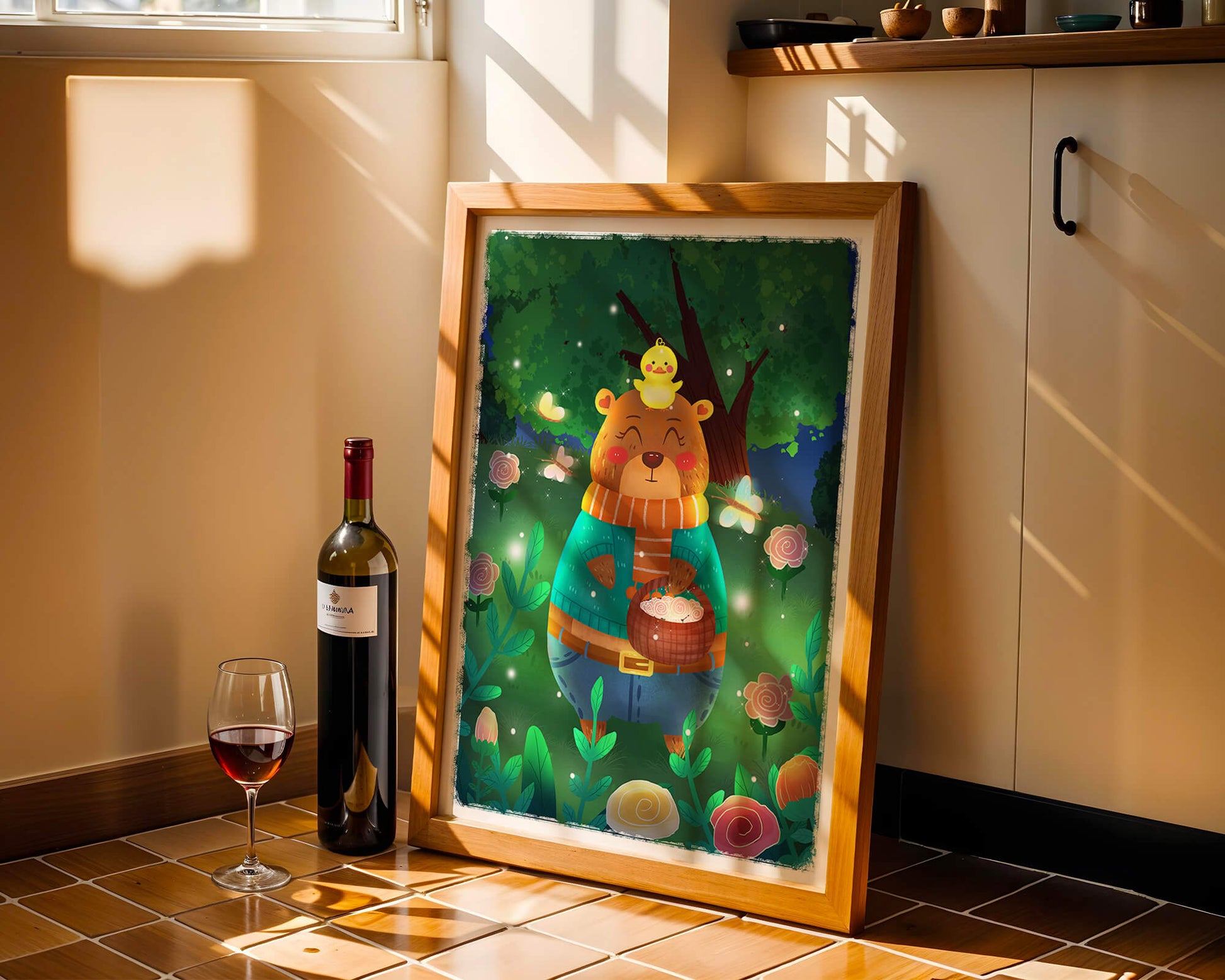 Charming bear in a colorful garden with flowers and fireflies