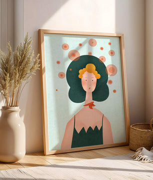 Whimsical Portrait of a Woman with Green Hair and Abstract Circles - Mi tienda