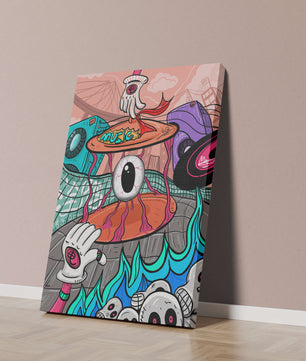 Ilustración abstracta surrealista colorida con un ojo vívido y elementos surrealistas