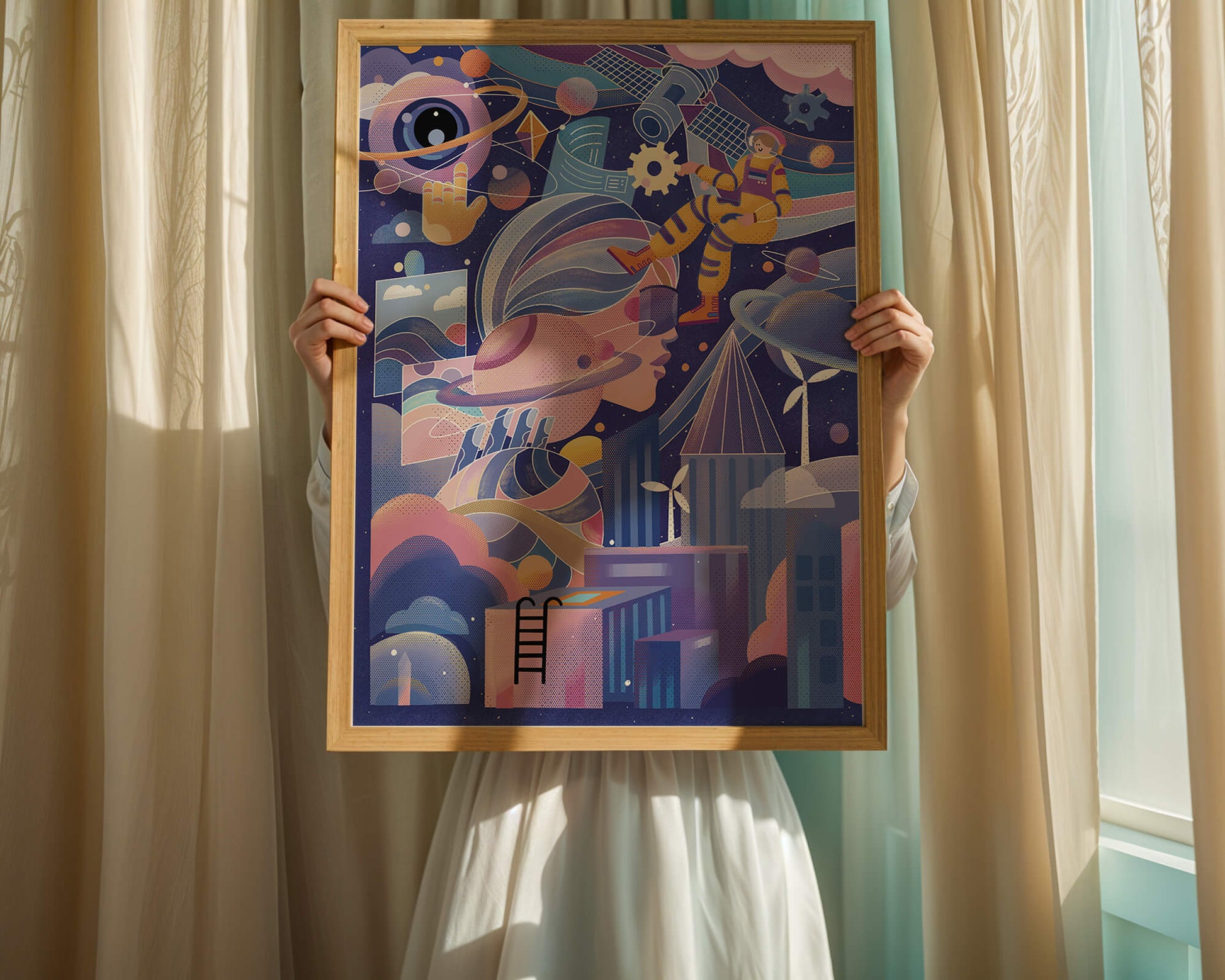 Farbenfrohe futuristische Weltraumillustration mit Astronauten und abstrakten Elementen