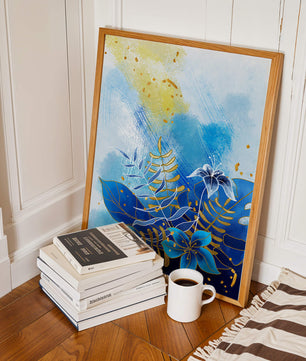 Floral illustration with blue leaves and golden accents on abstract background