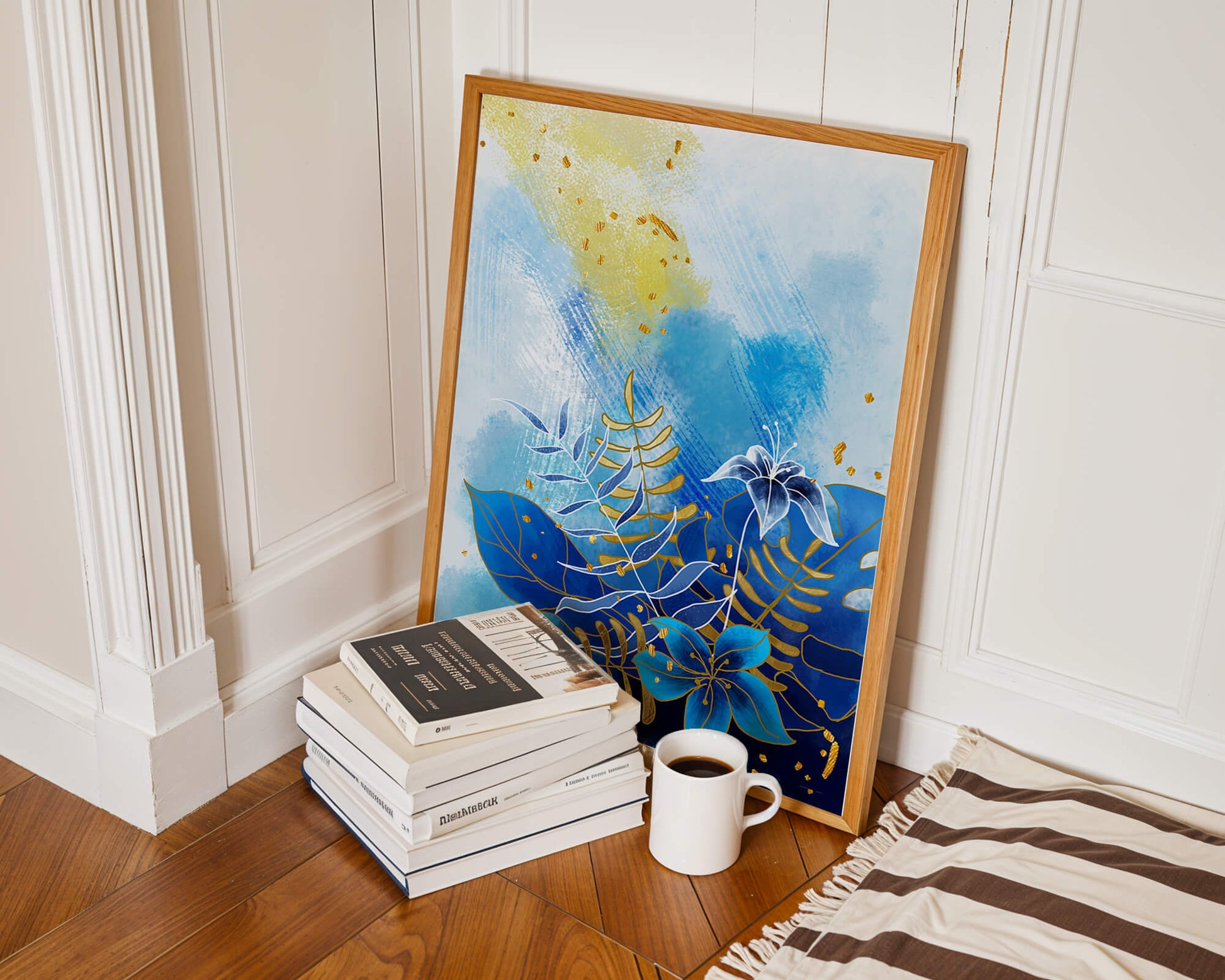 Floral illustration with blue leaves and golden accents on abstract background