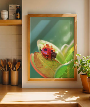 Ladybug on Leaf with Dew Drops in Serene Nature Setting - Mi tienda