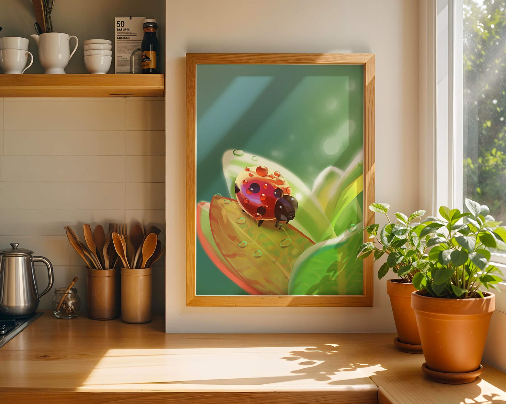 Ladybug on Leaf with Dew Drops in Serene Nature Setting