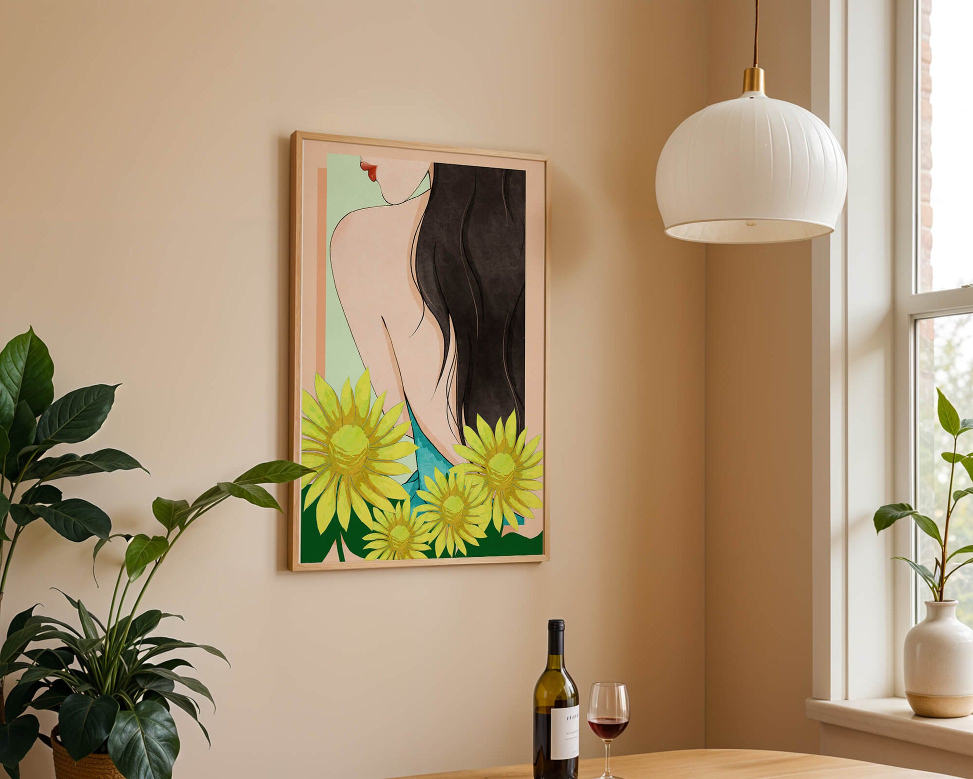 Ilustración de una mujer elegante con girasoles y cabello largo y oscuro