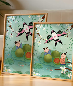 Children Playing on Lotus Leaves with Kite and Cherry Blossoms