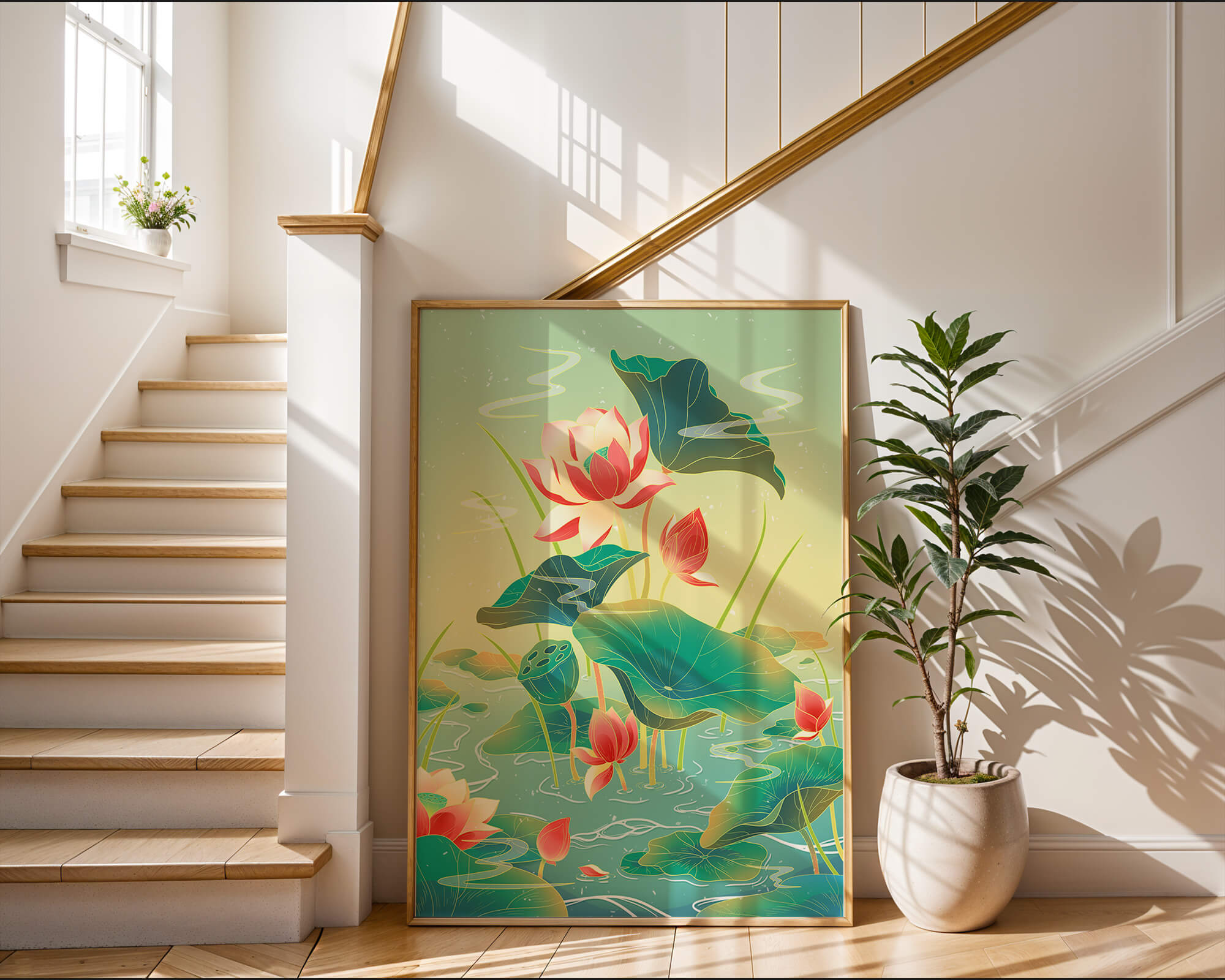 Serene lotus pond with vibrant lilies and lush green leaves