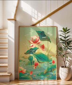 Serene lotus pond with vibrant lilies and lush green leaves