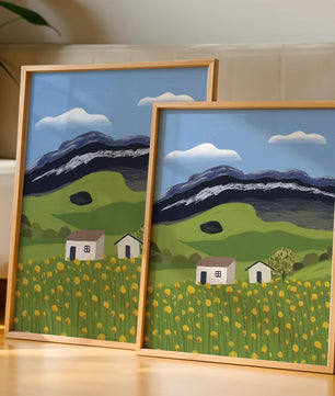 Sunny Landscape with Green Fields and Mountains