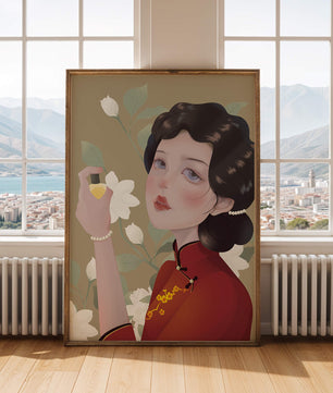 Captivating portrait of a woman in traditional attire with floral backdrop
