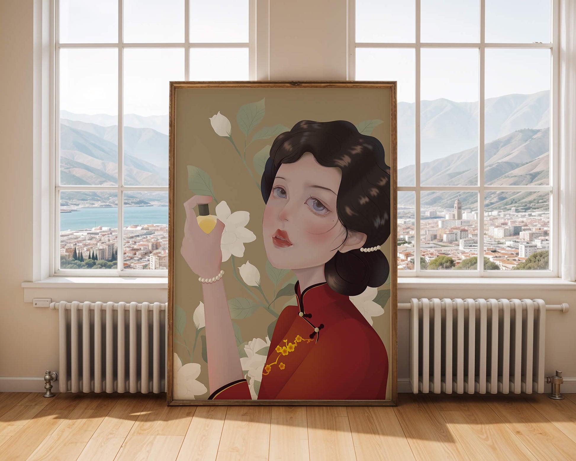 Captivating portrait of a woman in traditional attire with floral backdrop