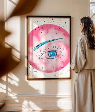 Abstract Eye Illustration with Pink Background and Blue Accents - Mi tienda
