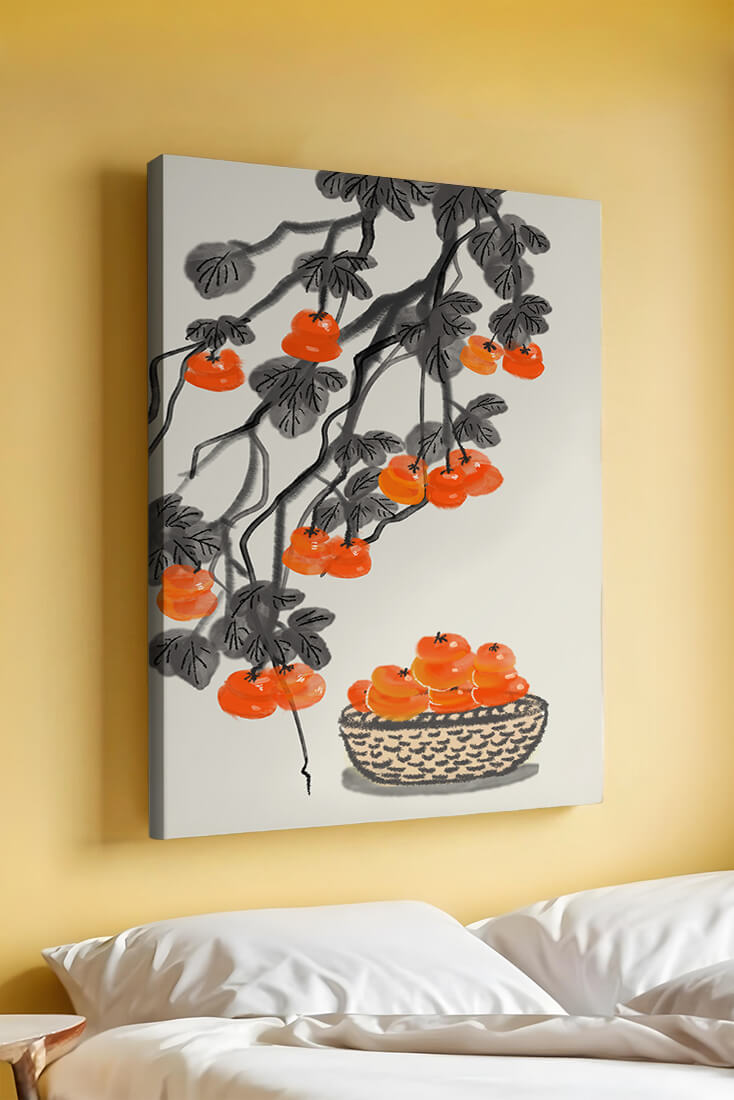Artistic depiction of hanging persimmons with basket on watercolor canvas