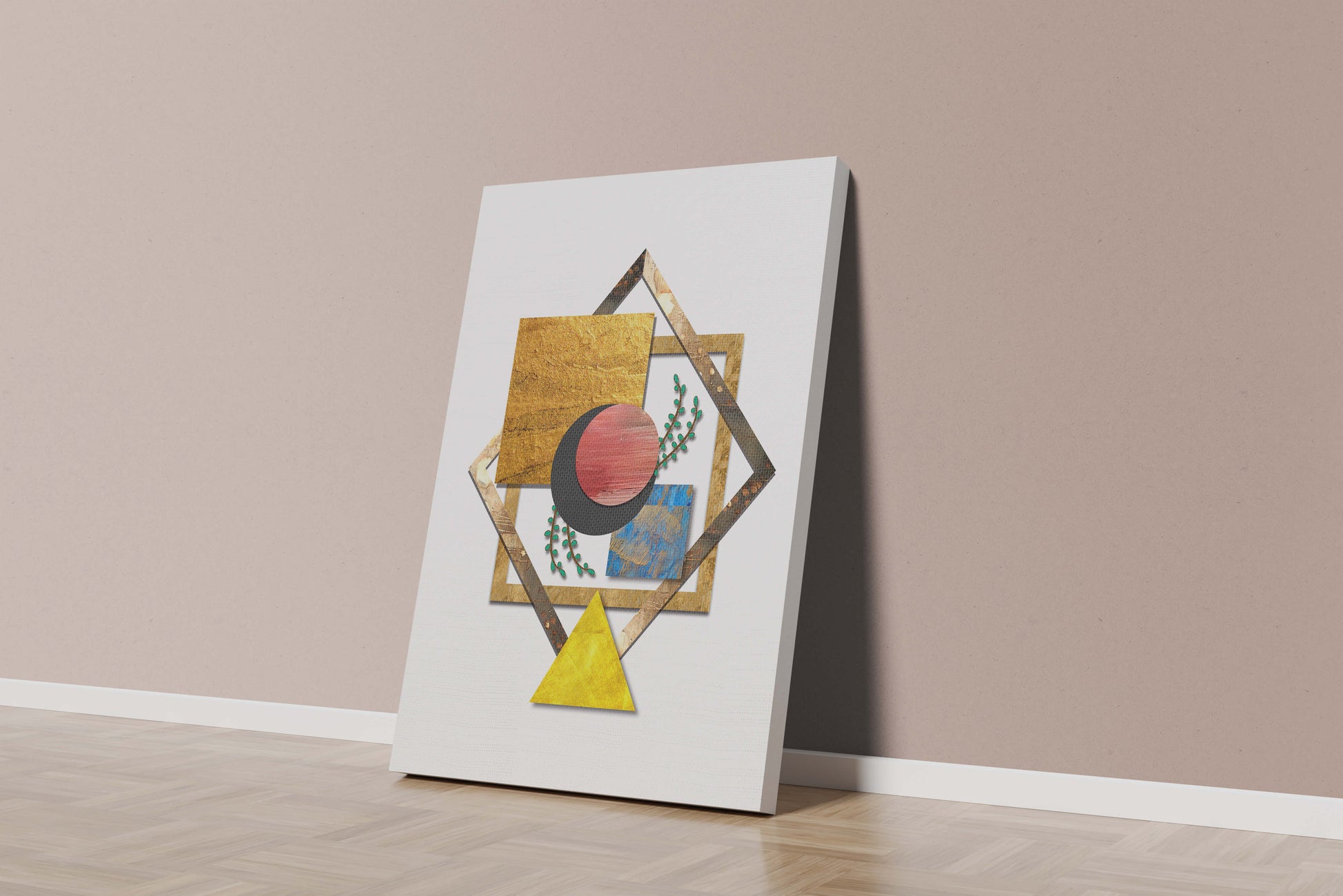 Modern geometric abstract art with vibrant colors and gold accents