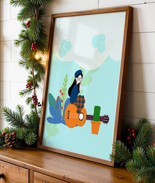 Illustration of a woman with coffee sitting on a guitar surrounded by foliage