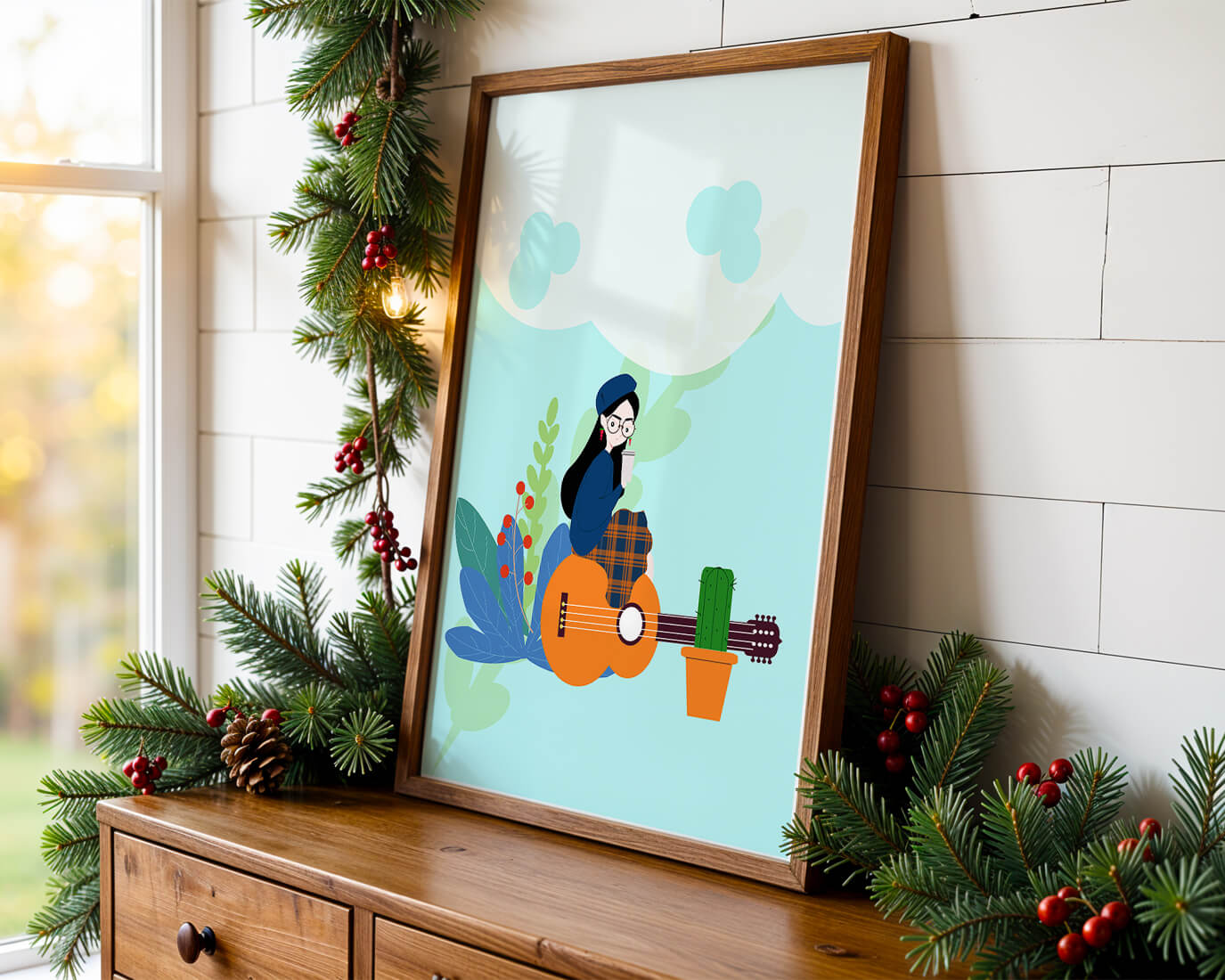 Illustration of a woman with coffee sitting on a guitar surrounded by foliage