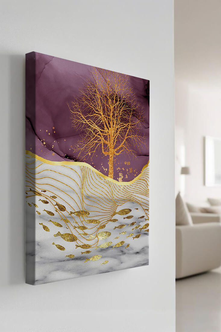 Abstract Tree with Gold Fish on Marble Background