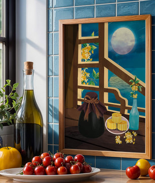 Noche iluminada por la luna con pasteles de luna y decoración floral sobre una mesa de madera