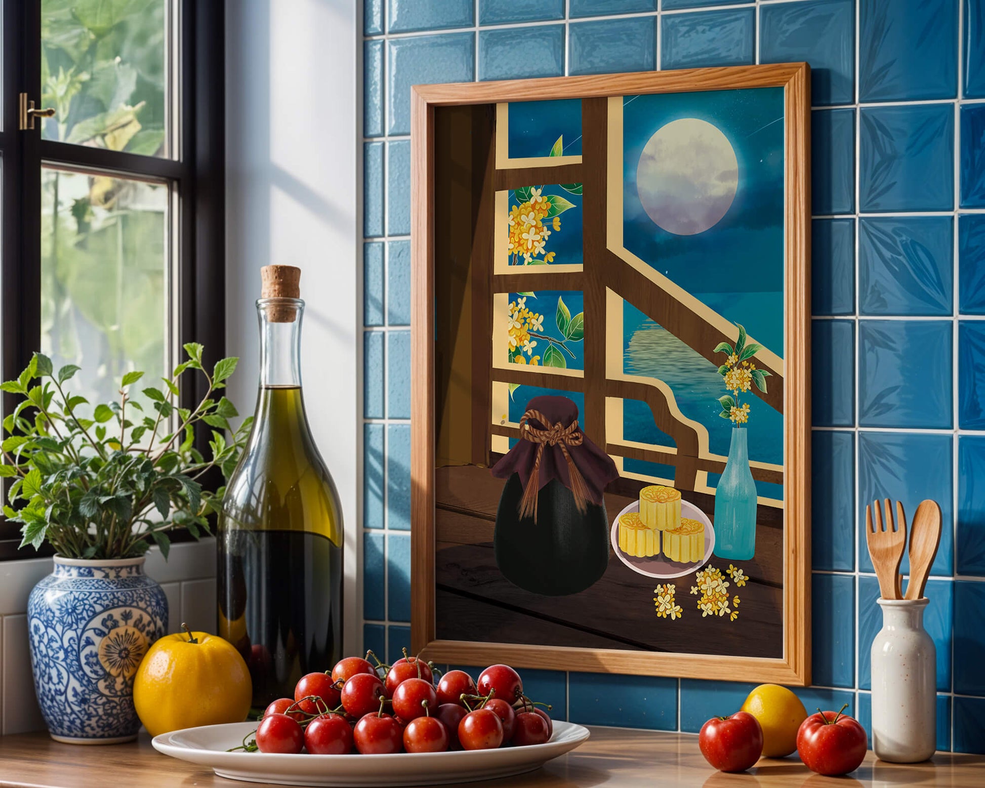 Noche iluminada por la luna con pasteles de luna y decoración floral sobre una mesa de madera