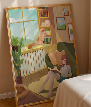 Cozy Living Room with a Reading Girl and Cat by the Window
